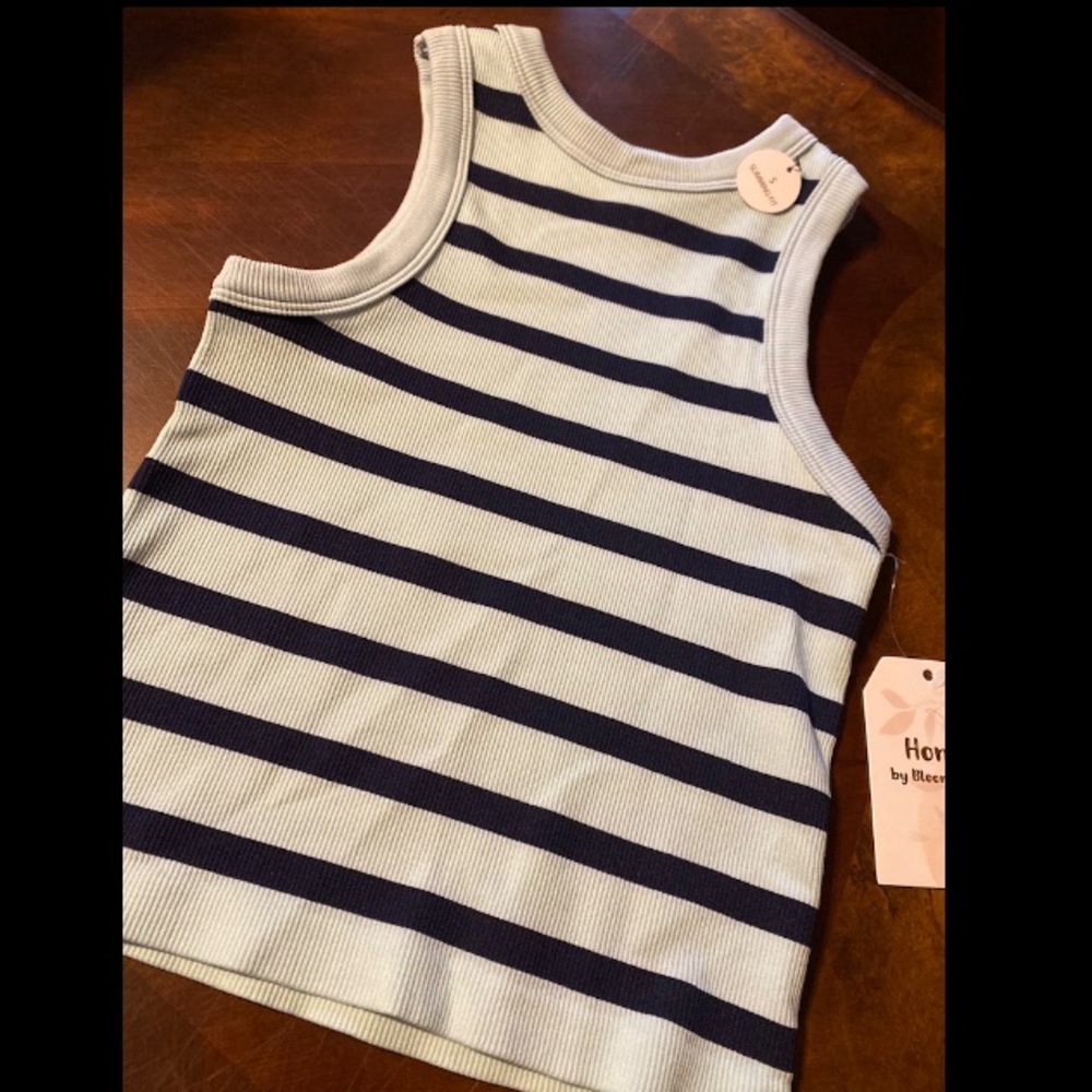 Sleeveless Ribbed Stripe Tank Top - Light Blue & Navy